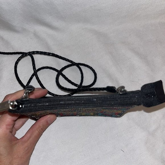 Brighton Geometric Beaded Bag Black Leather Braided Shoulder Strap Approx 5x5” - Picture 10 of 12